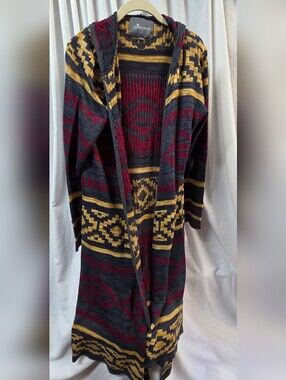 Paper Crane Long Hooded Knit Cardigan Sweater - Burgundy, Mustard & Charcoal